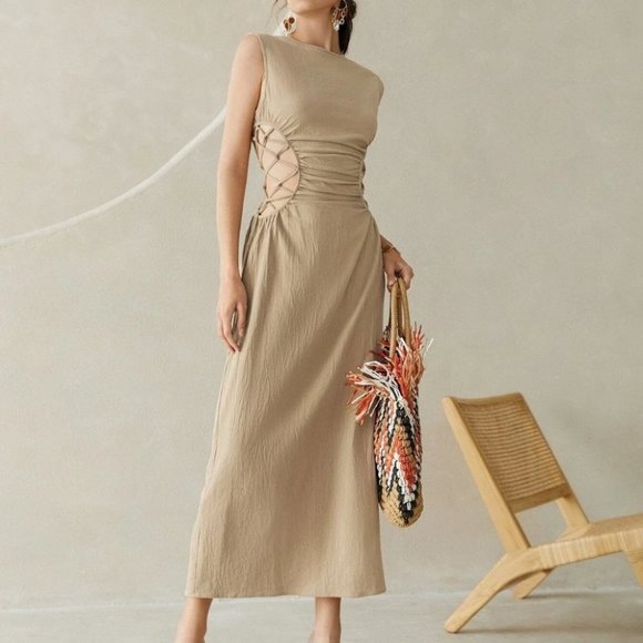 KAHKI RUNCHED LACE UP WAIST SPLIT HEM MAXI DRESS SUMMER BOHO CHIC - Picture 1 of 6